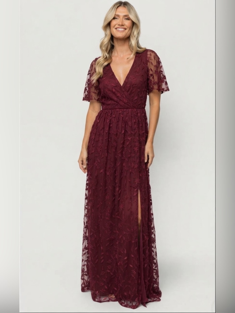 NWT Baltic Born Burgundy Floral Embroidered Maxi Dress Short Sleeve Slit XXL